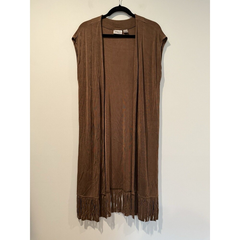 Vtg Chicos Travelers Cardigan Size 1 US Med. Sleeveless Fringe Open Front Travel